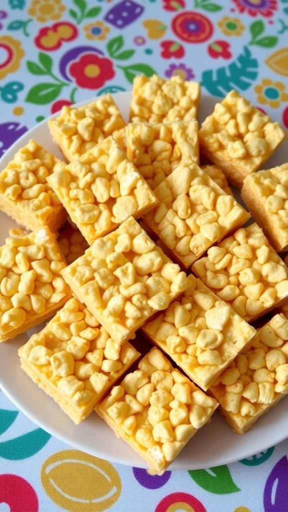 A plate of golden rice crispy treats cut into squares on a colorful tablecloth.